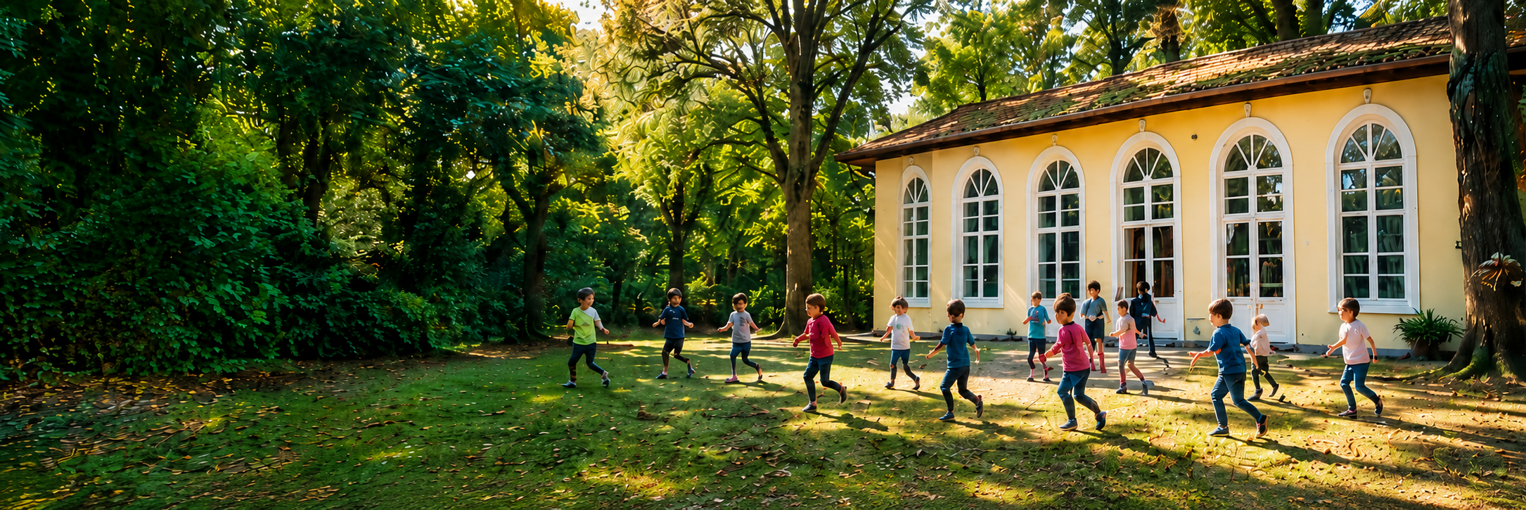 Kindergarten binası ve bahçede oynayan çocuklar