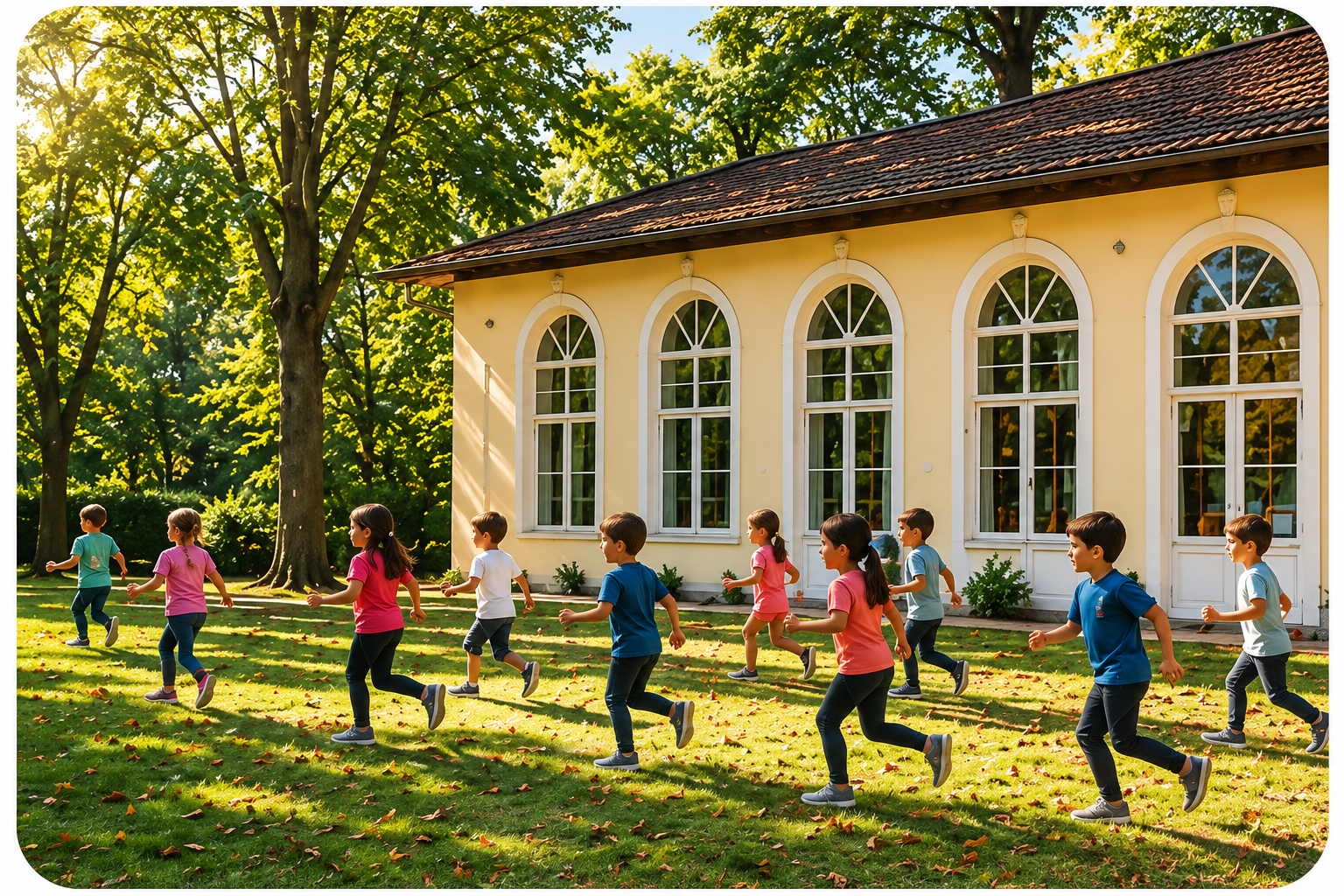 Kindergarten binası önünde koşan çocuklar