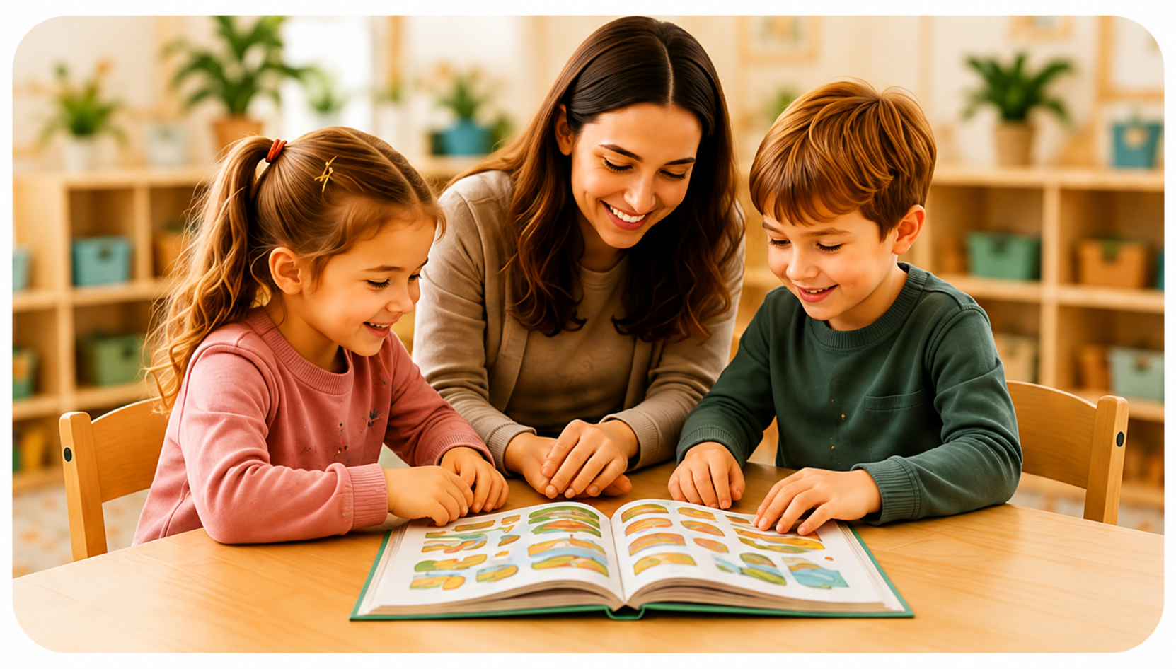 Öğretmen ve çocuklar kitap okurken